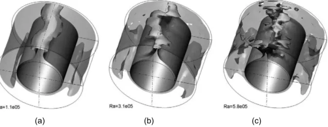 Figura 2.5 – Movimentação da pluma térmica para diferentes números de Ra. (Fonte: Padilla e  Silveira-Neto (2008))