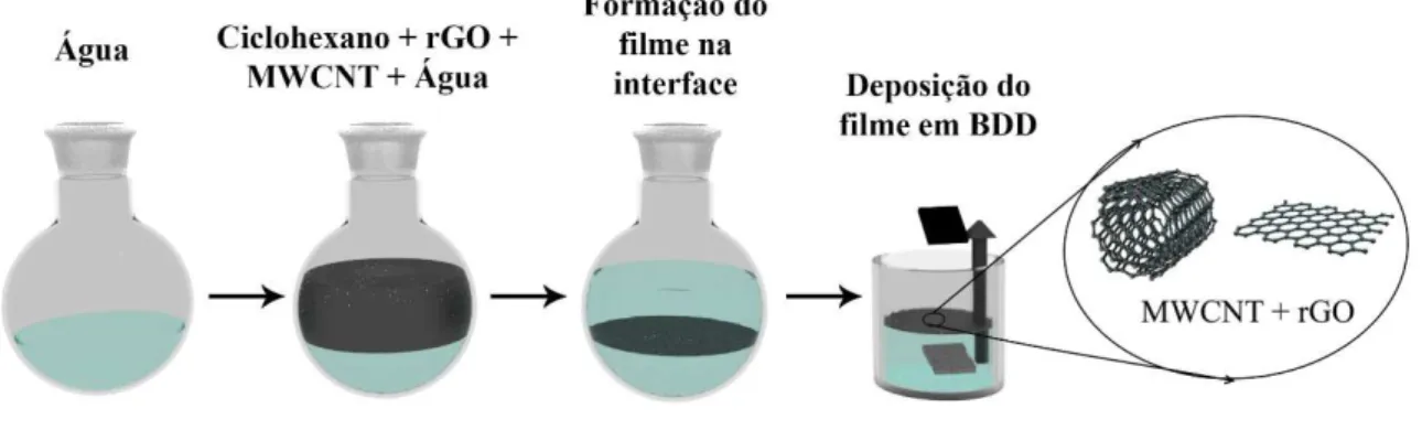Figura  17  -  Esquema  de  formação  do  filme  nanocompósito  rGO-MWCNT  utilizado  neste  trabalho