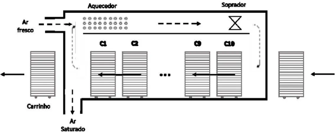 Figura 2.8  –  Representação do secador tipo túnel com configuração concorrente com 10  carrinhos com 20 bandejas cada proposto por Vagenas et al