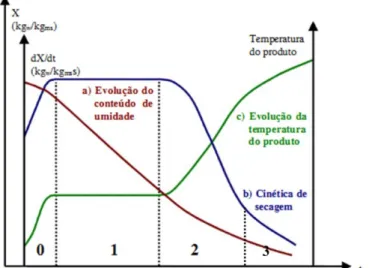 Figura 2.11  –  Comportamento típico da curva de umidade, cinética de secagem e temperatura  do produto durante a secagem (PARK et al., 2014) 