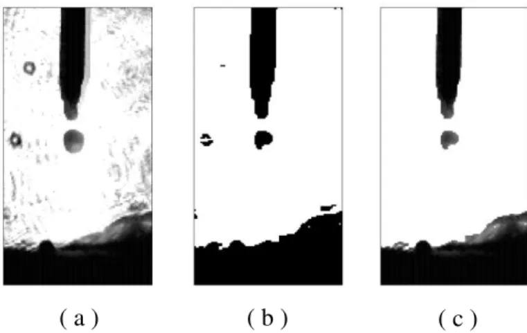 Figura 3.18.  Processamento sequencial de uma imagem; (a) imagem original; (b) imagem  limiarizada e erodida; (c) remoção de ruído por tamanho a partir da segmentação