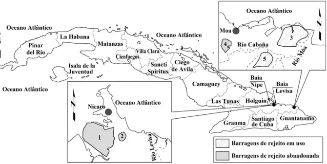 Figura 3.1. Localização das barragens de rejeitos em Moa e Nicaro - Cuba (Modificado de  Rodríguez, 2002) 