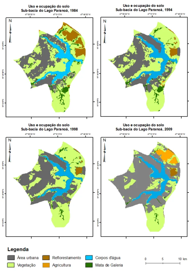Figura 7- Uso e ocupação do solo na sub-bacia do Lago Paranoá nos anos de 1984, 1994, 1998 e 2009