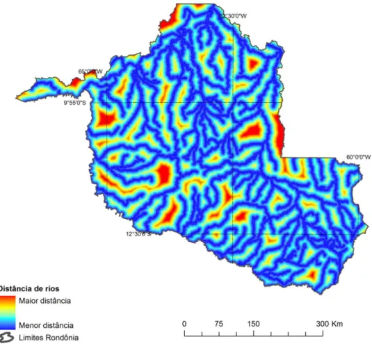 Figura  14  -  Mapa  da  variável  estática  de  distância  dos  rios  principais  no  estado  de  Rondônia