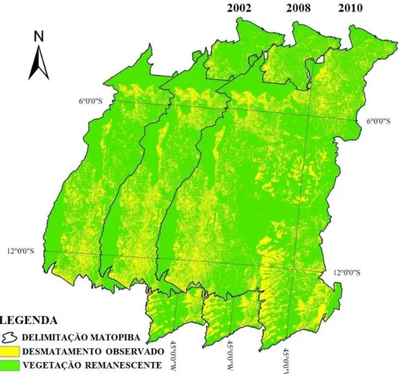 Figura 5. Dinâmica do desmatamento observada na região do MATOPIBA em 2002, 2008  e 2010 pelo PMDBBS-IBAMA/ CSR