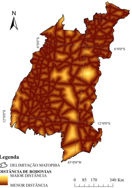 Figura  12.  Distância  euclidiana  das  rodovias  principais  e  secundárias  na  região  do  MATOPIBA