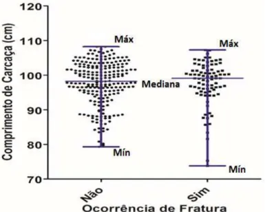 Figura 02: Relação entre comprimento de carcaça e ocorrência de fratura. 