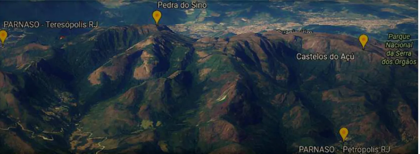 Figura  3.1  -  Imagem  do  Google  Earth  mostrando  os  principais  pontos  da  travessia  Petrópolis-Teresópolis (GOOGLE, 2017)