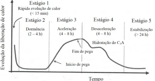 Figura 2.2 - Gráfico representativo da evolução da taxa de calor de uma pasta de cimento,  durante processo de hidratação (MINDESS e YOUNG, 1981) 