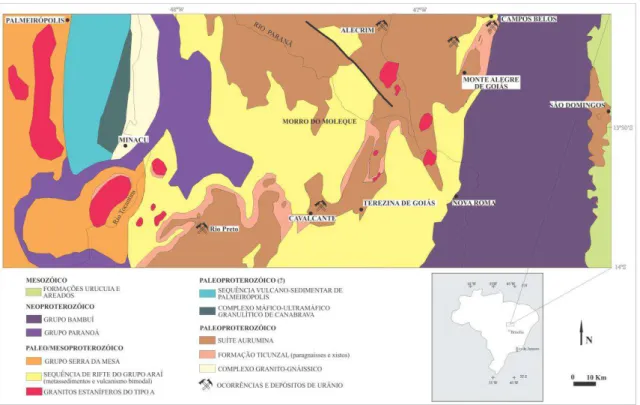 Figura 1. Mapa geológico simplificado da região nordeste de Goiás e sudeste do Tocantins com  localização dos depósitos e ocorrências de urânio estudados (Adaptado de Botelho &amp; Silva, 2005).