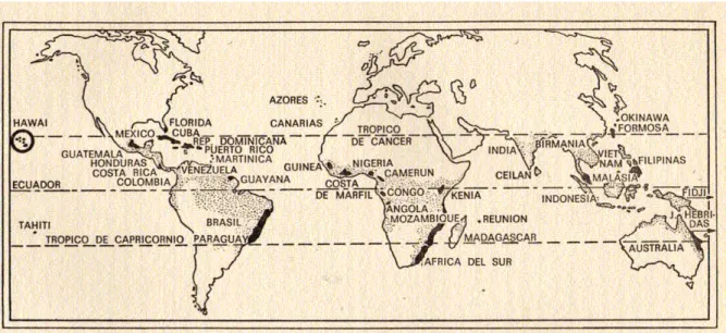 Figura 1. Distribuição global do gênero Ananas segundo Py (1969).