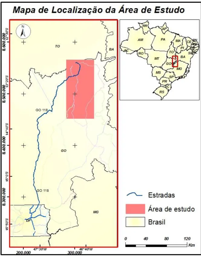 Fig. 2 – Mapa de localização da área de estudo, nordeste do Estado de Goiás. 