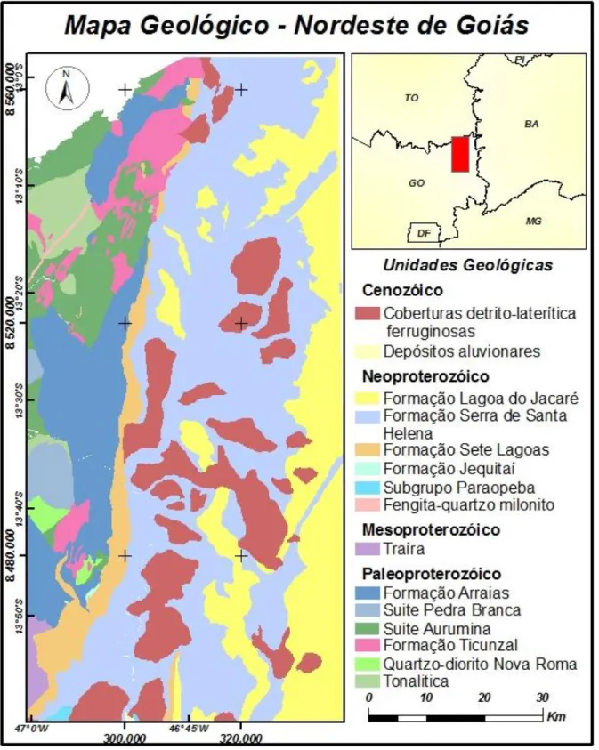 Fig. 1 – Mapa da geologia da área de estudos (modificado de Moreira et al., 2008). 