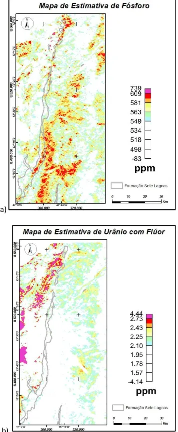 Fig.  2  –  a)  Mapa  da  estimativa  de  fósforo  em  ppm,  quando  aplicada  a  equação  de  regressão do P com relação à U, K, Th, UK, UTh, ThK, ASA