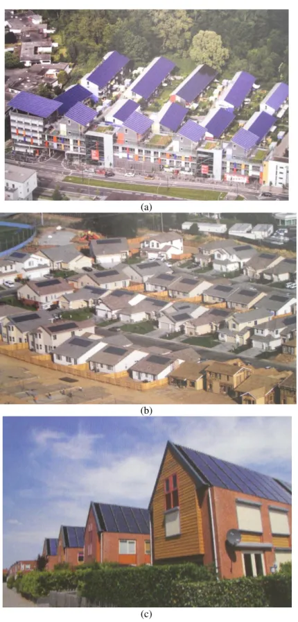 Figura 2.10 – Instalação de GDFV com elevado grau de penetração em: (a) Schlierberg Solar Estate  (Alemanha), (b) Premier Gardens New Home Development (Estados Unidos) e (c) 'City Of The Sun' 