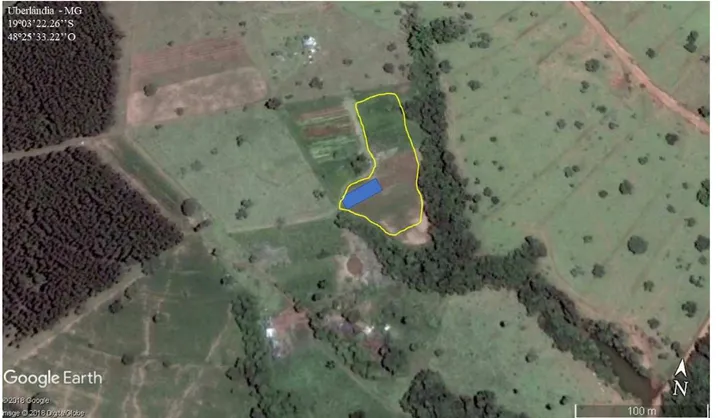 FIGURA 1. Visão em satélite da área da agrofloresta. Em azul a localização do cultivo de berinjela, em amarelo o contorno da  área da agrofloresta.