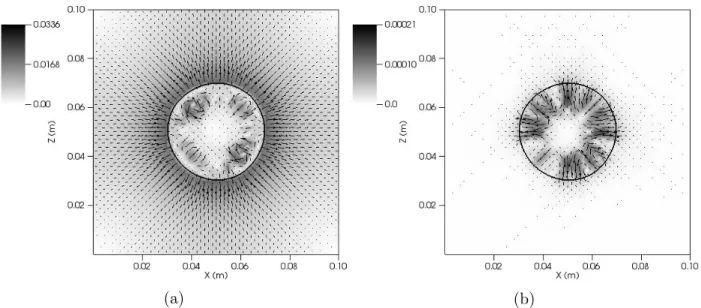 Figure 1.6: Spurious currents in phase simulations considering ˙ m ′ = 10.0 using a diffuse (a) and a sharp (b)interface treatment.