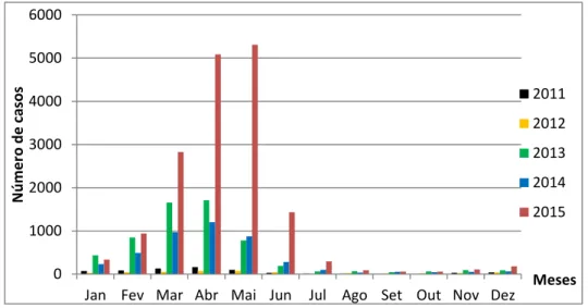 Gráfico 3 – Uberlândia/MG: número de casos de dengue, por mês, de 2011 a 2015 