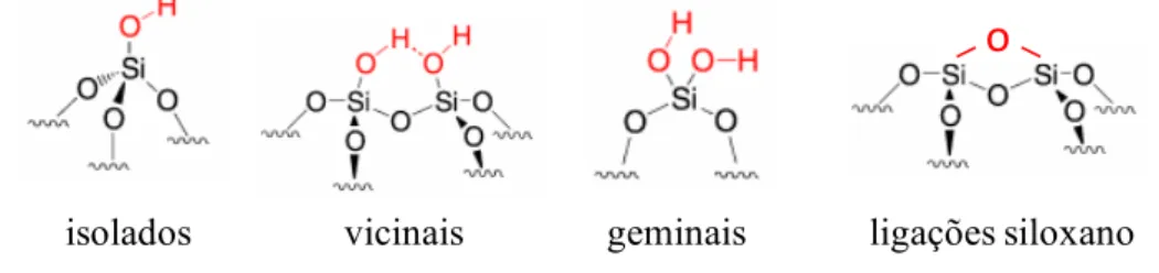Figura 1. Tipos de grupos silanóis e ligações siloxano na superfície da sílica amorfa