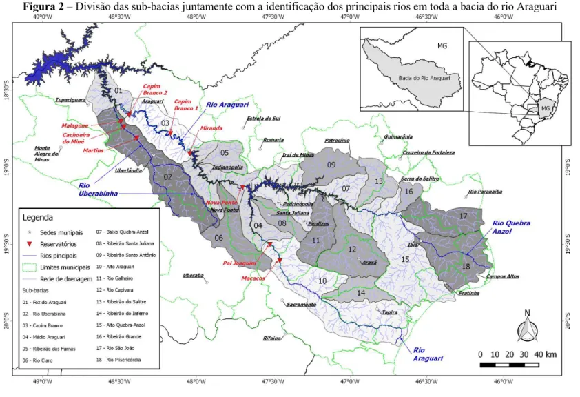 Figura 2 – Divisão das sub-bacias juntamente com a identificação dos principais rios em toda a bacia do rio Araguari 