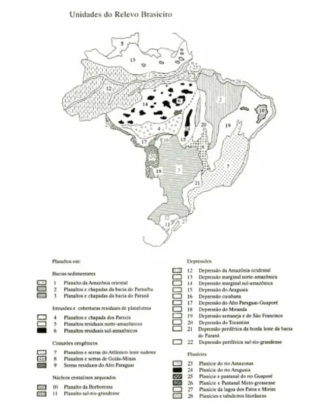 Figura 2.3 - Mapa Geomorfológico do Brasil segundo a proposta metodológica de Ross. Fonte Ross, 1997
