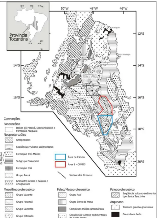 Figura 2.1: Mapa geológico e posicionamento estratigráfico das unidades Proterozóicas  da Faixa de Dobramentos Brasília