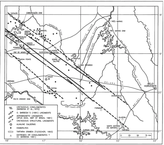 Figura 2.7: Mapa do Alto Paranaíba e suas principais feições tectono-magmáticas  (Fleischer, 1998) 