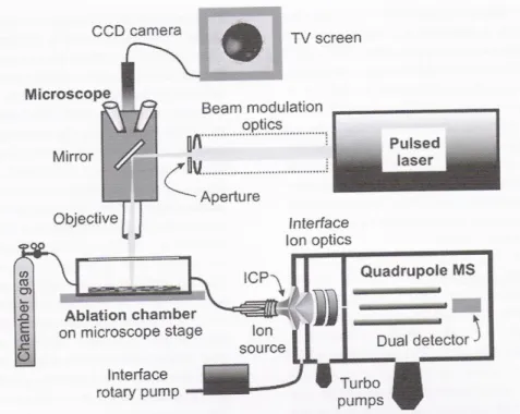 Figura  2.11.  Esquema  da  configuração  de  um  LA-ICP-MS,  consistindo  de  uma  fonte  de  laser,  feixes  com  modulação óptica, microscópio equipado com câmera e TV (mostrando um pit de ablação), e um quadrupolo  ICP-MS comercial sem célula de reação
