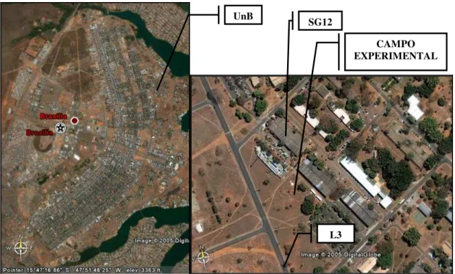 Figura 3.1 – Localização do Plano Piloto, da UnB e do campo experimental da Geotecnia  (Google Earth, 2005)