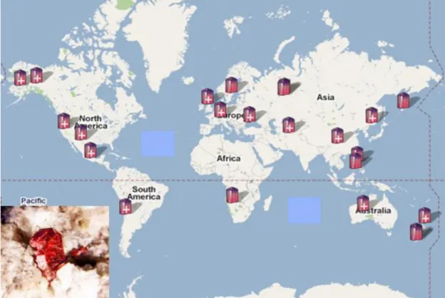 Figura 3 - Localização das principais minas produtoras de Hg no mundo. No canto inferior esquerdo um  exemplo do mineral cinábrio