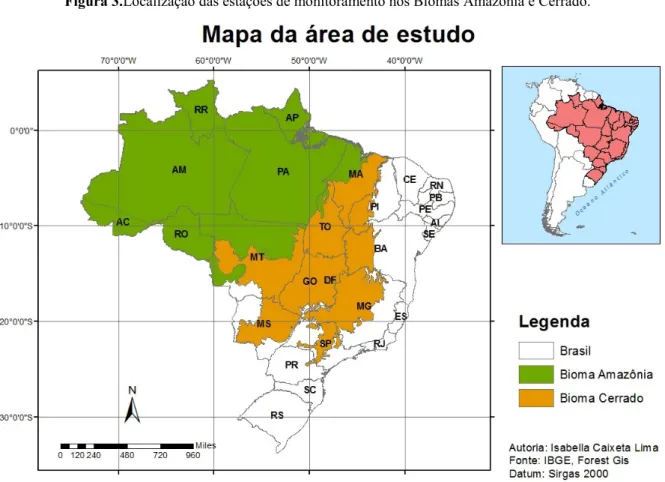 Figura 3.Localização das estações de monitoramento nos Biomas Amazônia e Cerrado. 