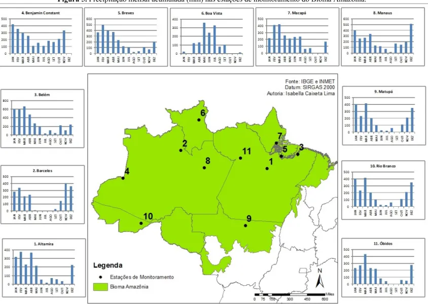 Figura 5. Precipitação mensal acumulada (mm) nas estações de monitoramento do Bioma Amazônia