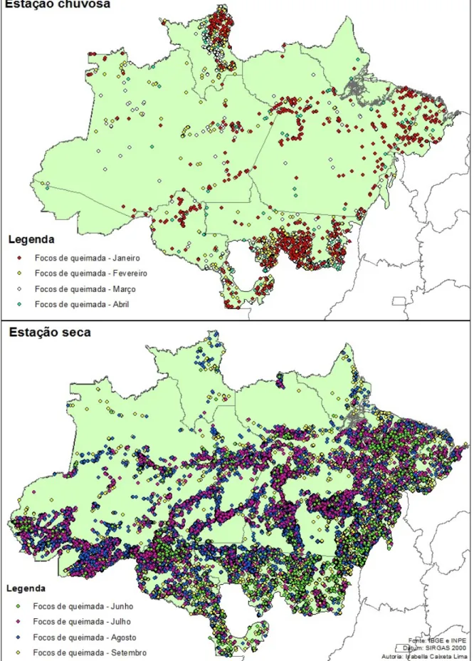 Figura 9. Localização dos focos de queimadas na estação chuvosa (janeiro – abril) e seca (junho – setembro) no  Bioma Amazônia