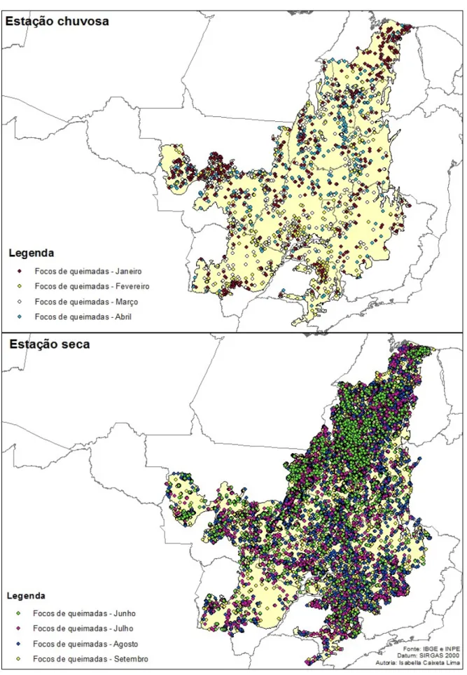 Figura 10. Localização dos focos de queimadas na estação chuvosa (janeiro – abril) e seca (junho –  setembro) no Bioma Cerrado.