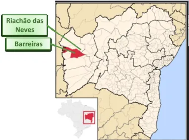 Figura  1.  Mapa  do  Oeste  da  Bahia  com  a  localização  da  Microrregião  do  Anel  da  Soja,  compreendida entre os municípios de Barreiras e Riachão das Neves, no Oeste da Bahia