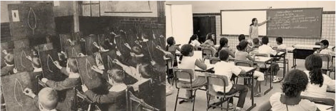 Figura 18: A esquerda a imagem de uma escola no século XIX e a direita uma escola nos  dias atuais, montagem feita por Rogério Ribeiro, 2015