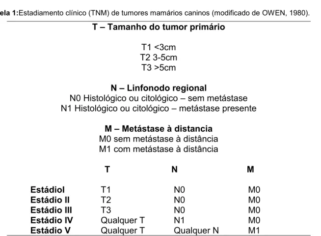 Tabela 1:Estadiamento clínico (TNM) de tumores mamários caninos (modificado de OWEN, 1980)
