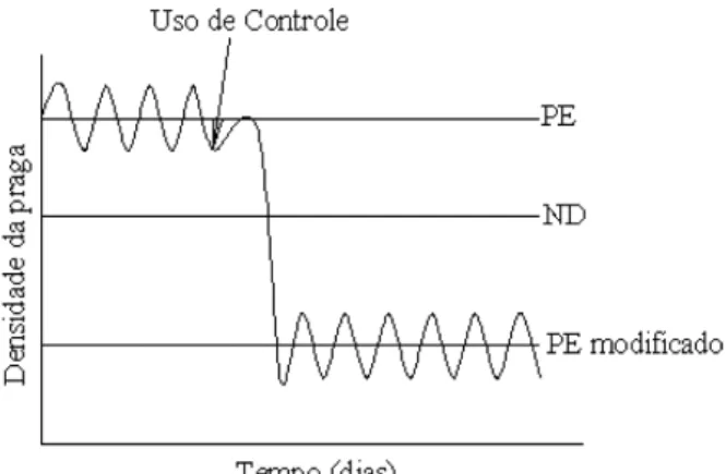 Figura 2.1.3 – Representação de praga severa. Dois pontos de equilibrío são visualizados, um  antes e outro depois do uso de controle (Adaptado de PICANÇO, 2010) 