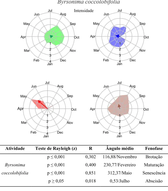 Figura 3.  Intensidade  (gráficos  circulares)  e índice  de  atividade (tabela)  das fenofases  foliares  avaliadas  em  Byrsonima  coccolobifolia  encontrada  na  Reserva  Ecológica  do  Panga,  Uberlândia  MG