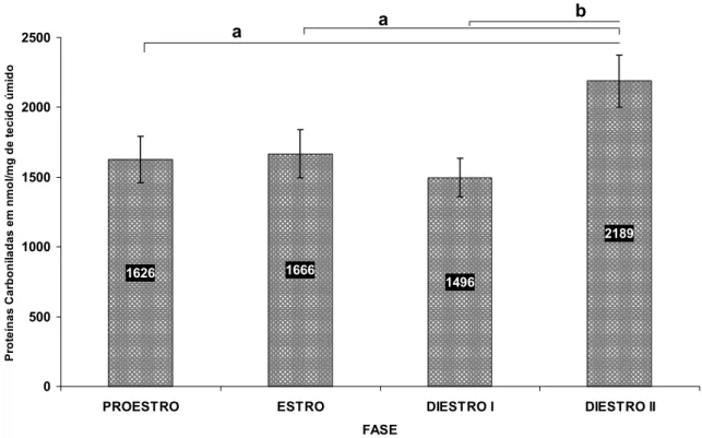 Gráfico 4: Concentração de proteínas carboniladas em útero de ratas nas quatro  diferentes fases do ciclo estral