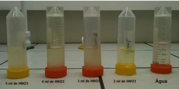 Figura  5.  Amostra  de  leite  humano  digerido  com  diferentes  volume  de  ácido  nítrico  65% suprapuro