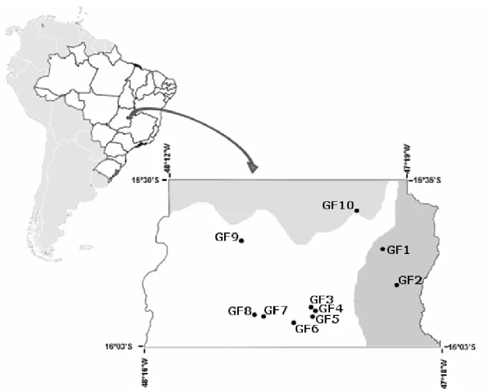 Figura 1. Localização das 10 matas de galeria amostradas na região do Distrito Federal, BR