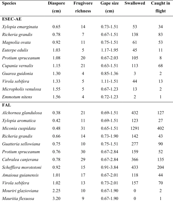 Table 4. Trees and their frugivore bird species according to caught in flight and swallowed  seeds  and  gape  size  range