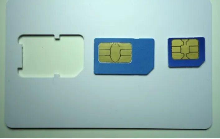 Figura 2.5.3 - Cartão inteligente de tamanho real, cartão SIM e cartão Micro SIM. 