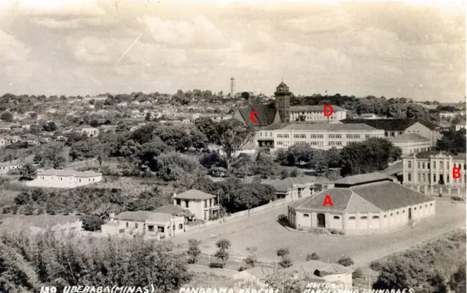 Figura 22: Vista de Uberaba de 1950. Observa-se em 1º plano o Mercado Municipal (A) e a Cadeia Pública (B)