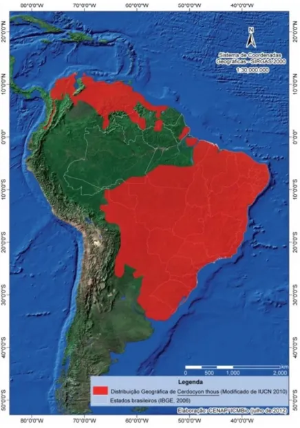 Figura 2 – Distribuição geográfica do cahorro-do-mato (Cerdocyon thous)  Fonte: BEISIEGEL (2013) 