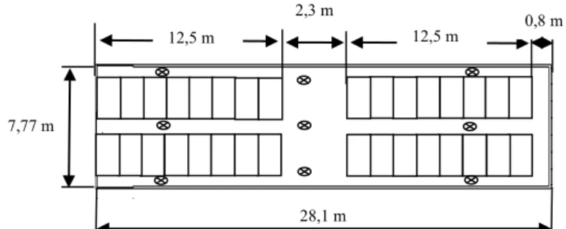 Figura 2. Representação esquemática do galpão com aspersão de água sobre o telhado e os dataloggers