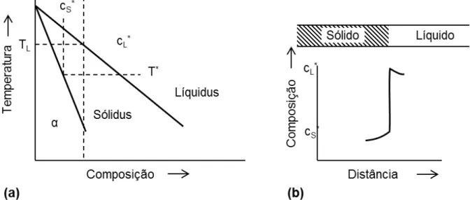 Figura  2.5.  Diagrama  esquemático  da  solidificação  de  uma  liga  binária  com  equilíbrio  na  interface liquido-sólido