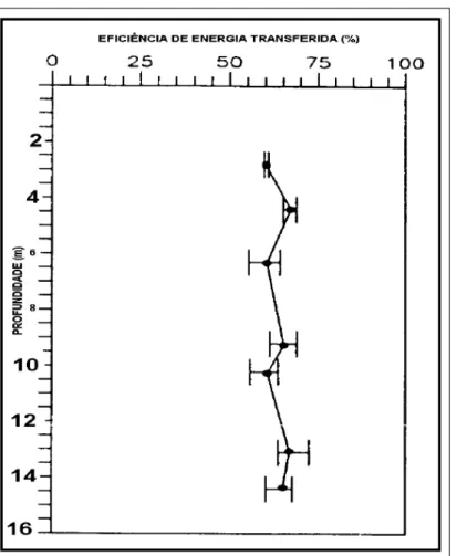 Figura 2.16 - Eficiência de energia transferida através da composição de hastes (ENTHRU/Ei) em função  da profundidade (14 m) Sy e Campanella, 1991 em Cavalcante 2002) 