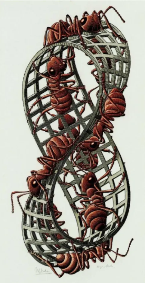 Figura 1 – Fita de Moebius II (formigas). Escher. 1963   xilogravura 45,3 x 20,5 cm.